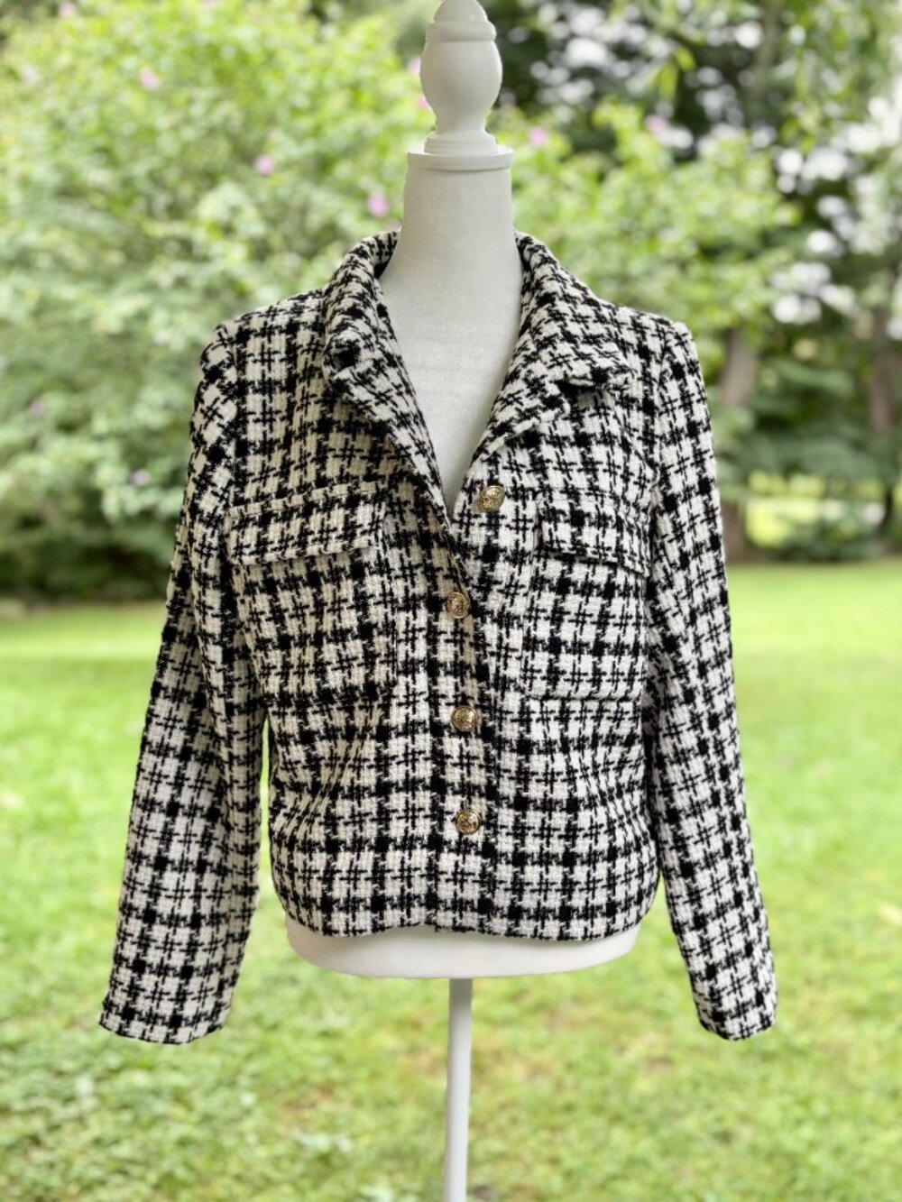 New: Rachel Zoe Black & White Houndstooth Tweed Cropped Jacket Size L